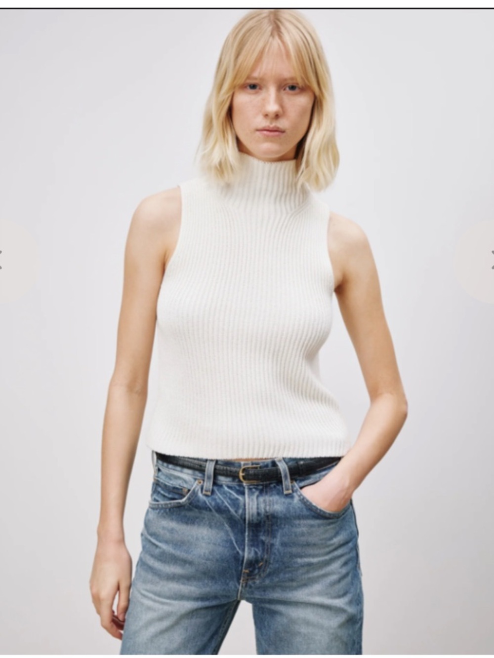 Nili Lotan Sonia Ribbed Turtleneck Sleeveless Sweater White Cotton Knit S EUC